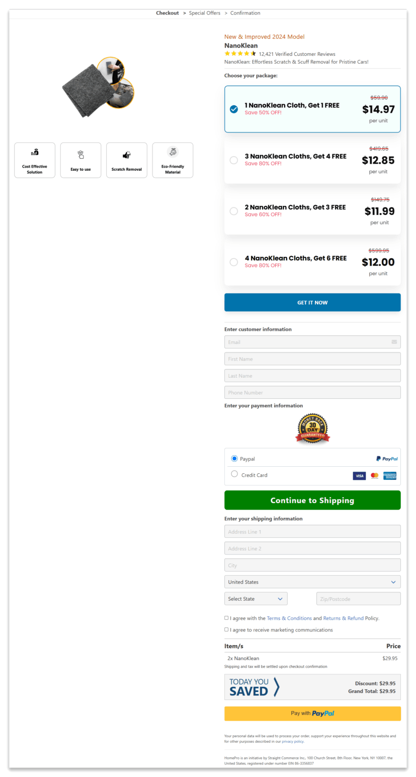 Nanoklean secure checkout page